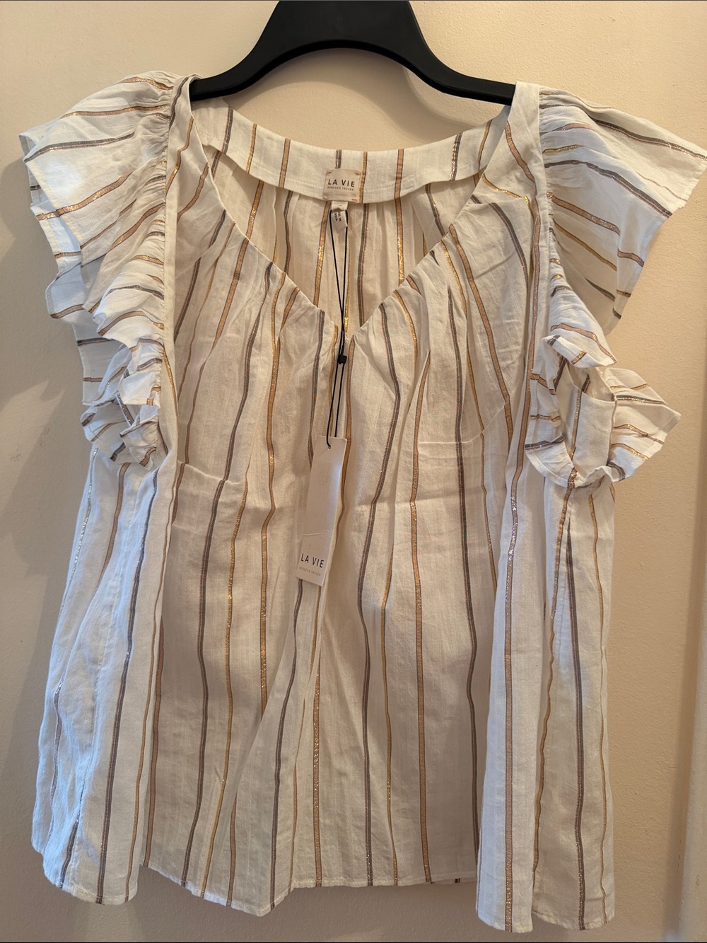 NWT  Rebecca Taylor Cream Striped Ruffle Sleeve Cotton Top M